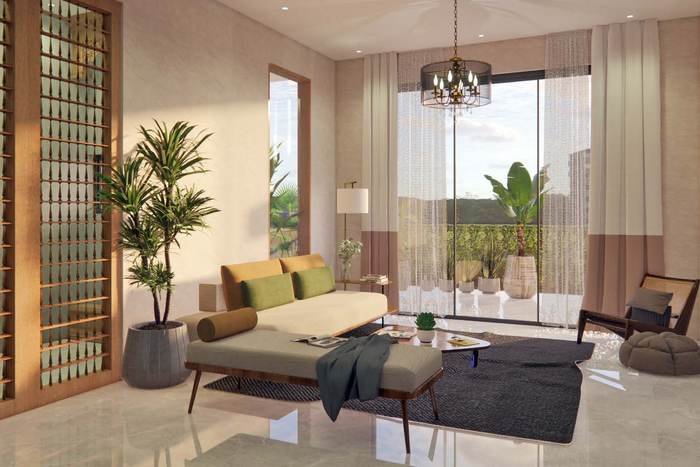 Living room of an Acasa 3.5 BHK home opening to a balcony
