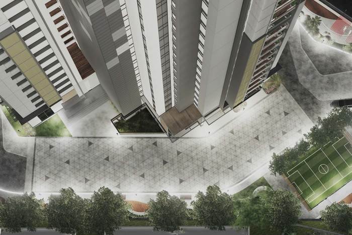 Aerial view of the Acasa podium, walkway and multi-purpose court