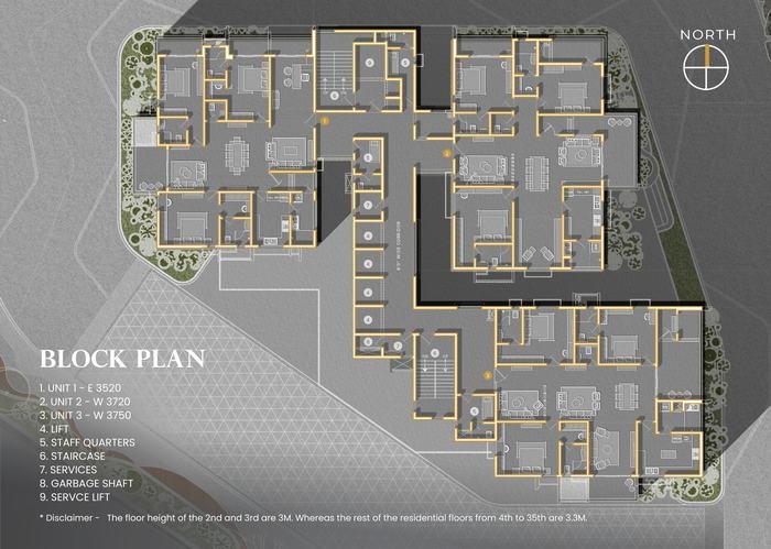 Acasa block plan showing three units, lifts, staircase, services and staff quarters on one floor