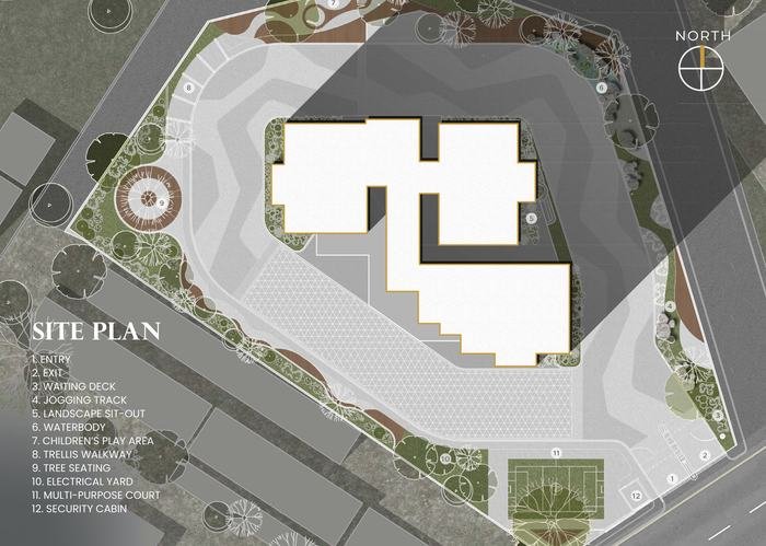 Acasa site plan showing the tower footprint, jogging track, waterbody and play areas