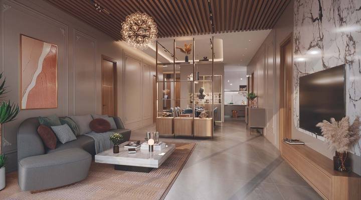 Living and dining space in a AVR Evania residence, Kokapet