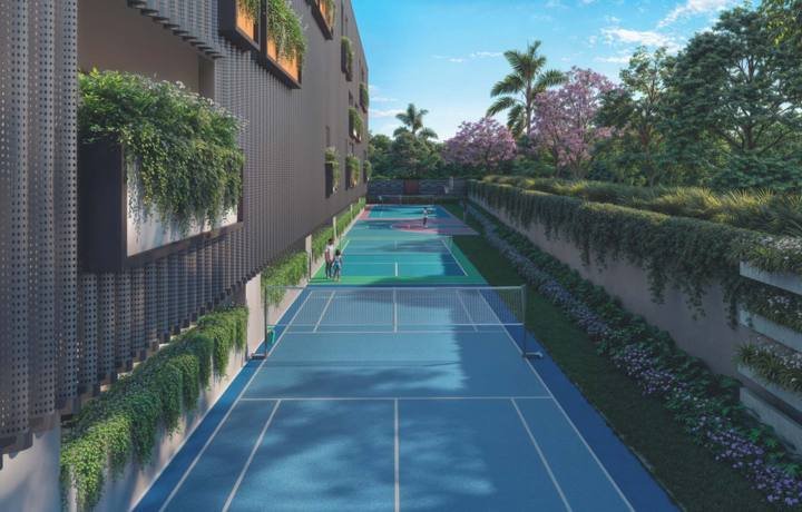 Landscaped water axis and green walls in the AVR Evania podium gardens