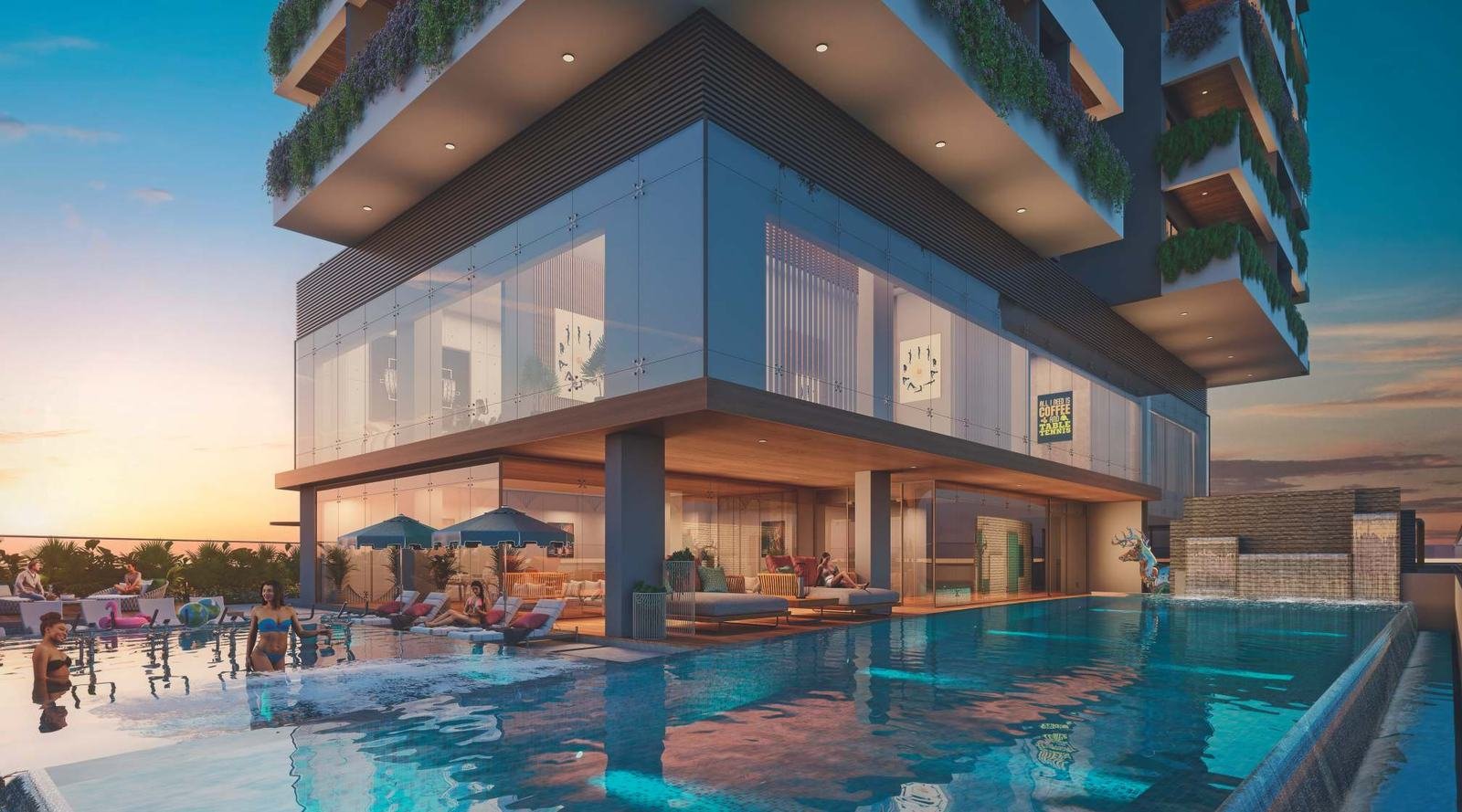 AVR Evania podium clubhouse and swimming pool at dusk, Kokapet, Hyderabad