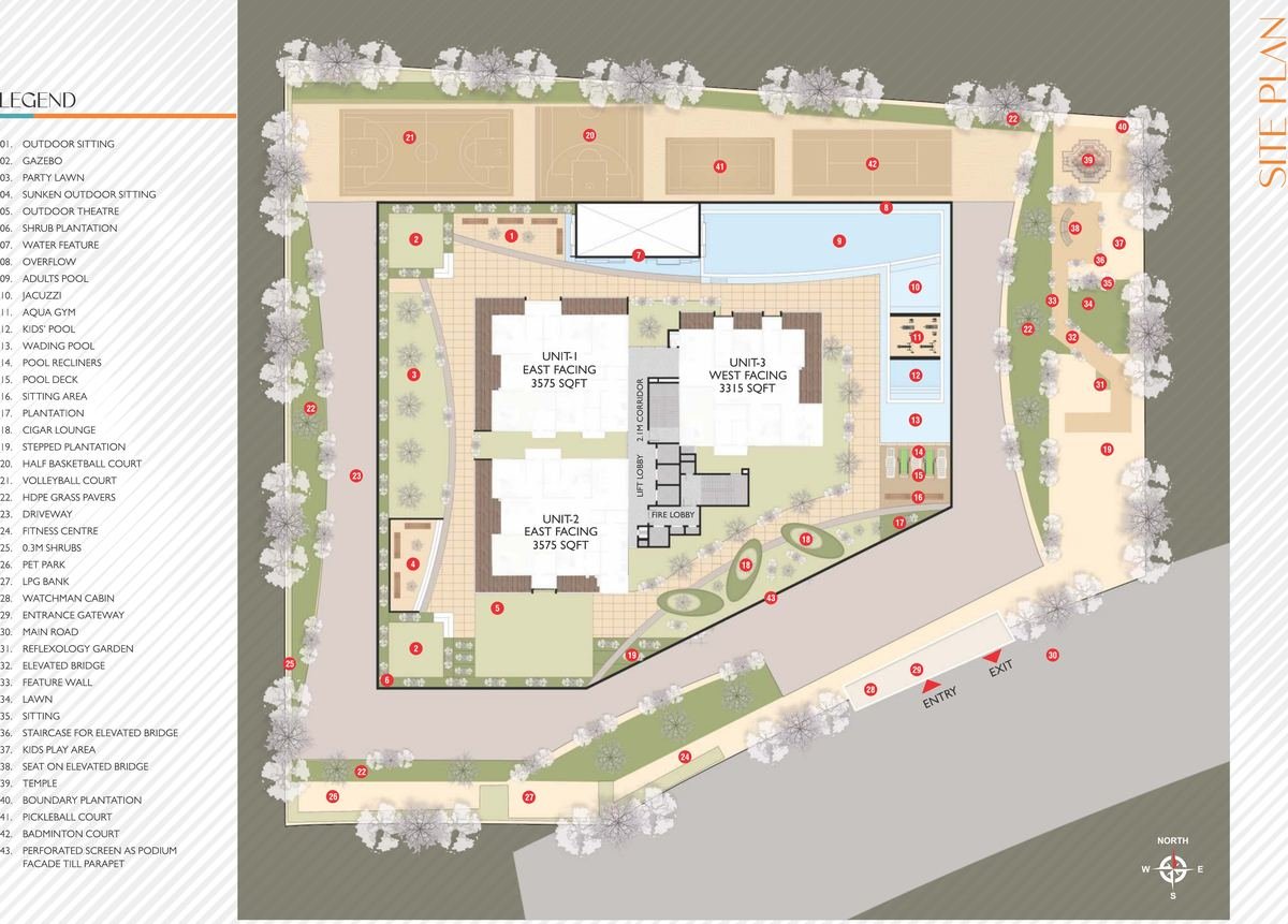 AVR Evania site plan showing the tower, podium, pool deck and landscaped amenities at Kokapet