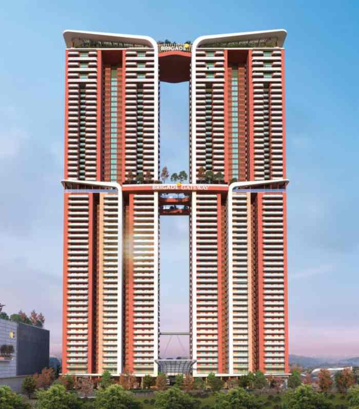 Elevation study of the twin residential towers at Brigade Gateway Residences, Neopolis Kokapet