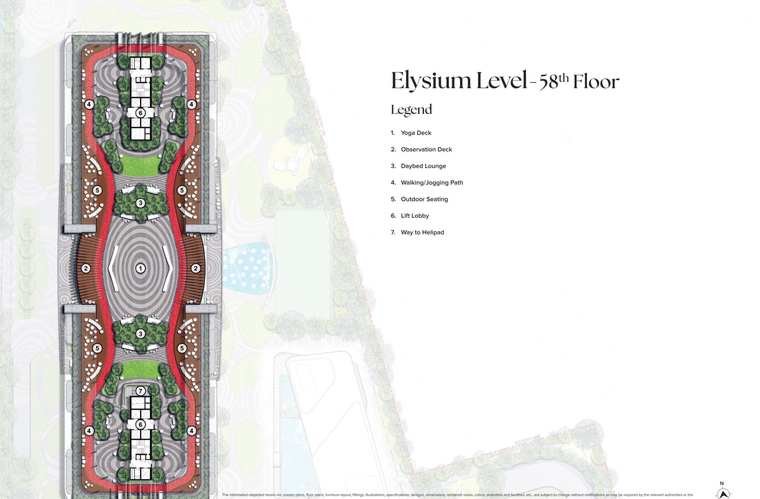Elysium sky level on the 58th floor at Brigade Gateway Residences, with yoga deck, observation deck, daybed lounge and a way to the helipad