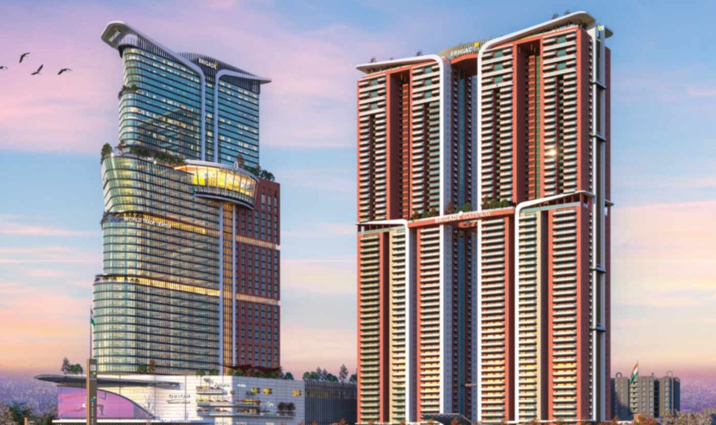 Brigade Gateway Residences residential towers at Neopolis, Kokapet, Hyderabad, with the World Trade Center, InterContinental hotel and Orion Mall on the same site