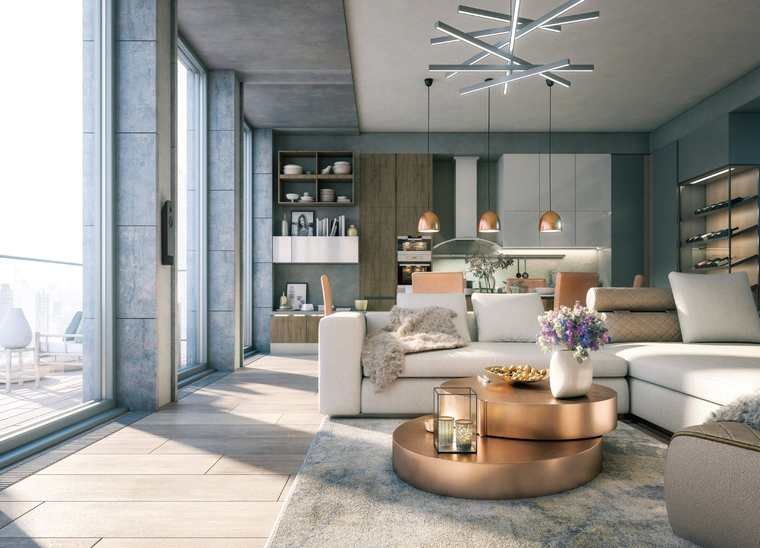 Living and dining interior render at Brigade Gateway Residences, Neopolis Kokapet