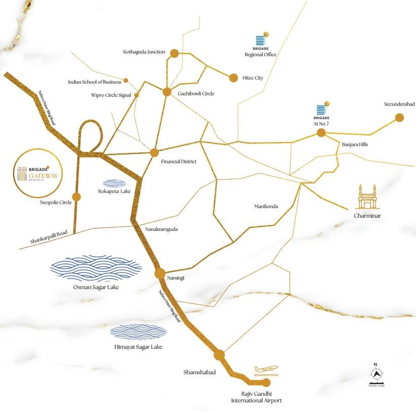 Location map from the Brigade Gateway brochure showing the site at Neopolis Kokapet relative to the Financial District, Gachibowli, Hitec City and the Rajiv Gandhi International Airport