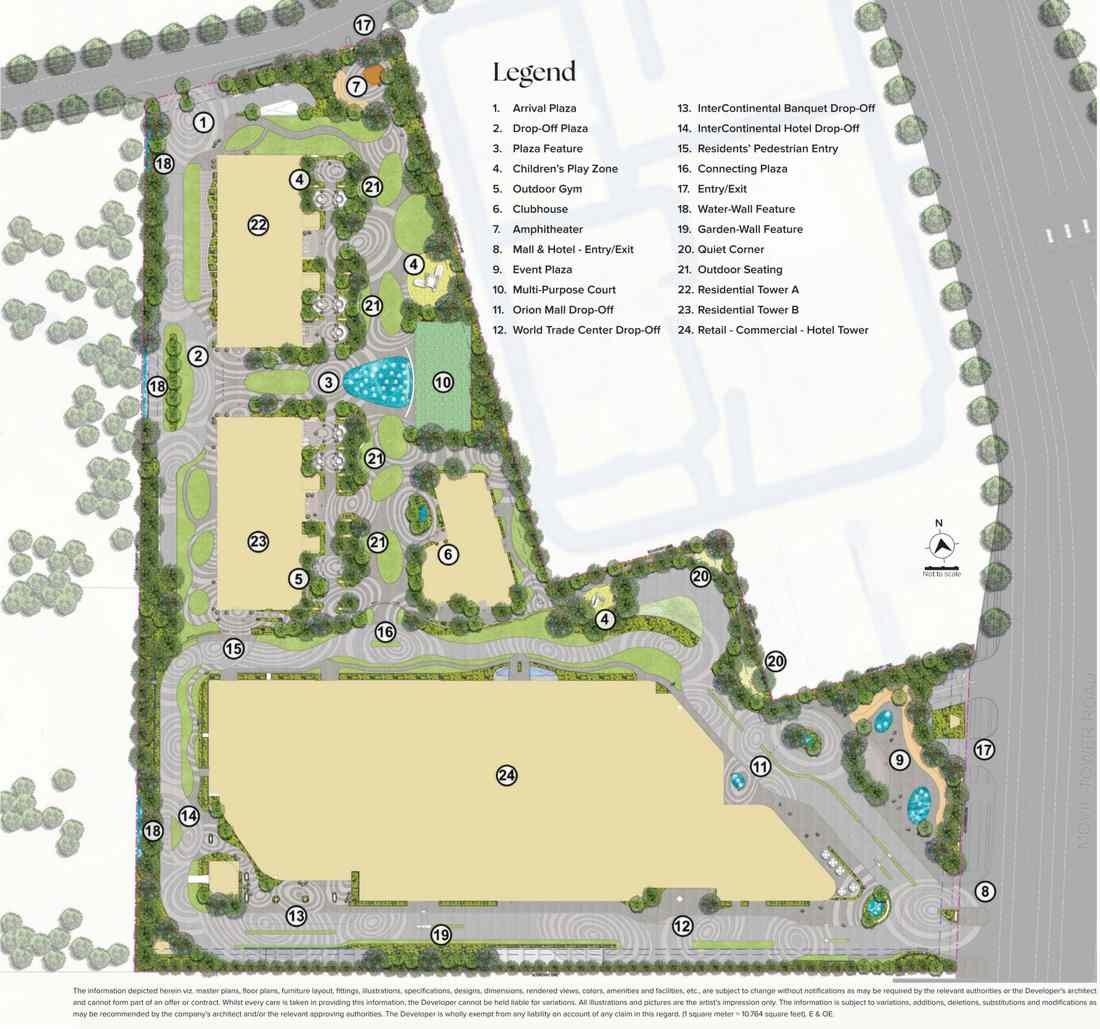Master plan of Brigade Gateway Residences at Neopolis, Kokapet showing Residential Tower A, Residential Tower B, the retail, commercial and hotel tower, the clubhouse and the arrival plaza