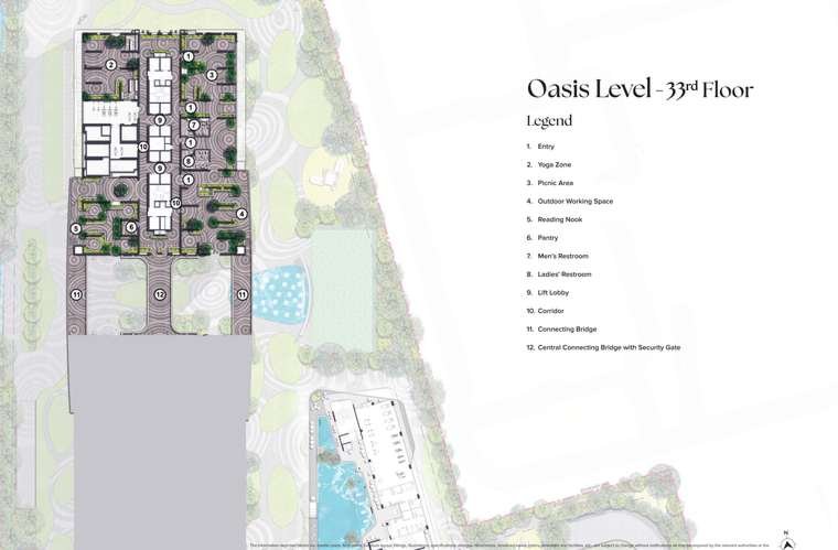 Oasis amenity level on the 33rd floor at Brigade Gateway Residences, with yoga zone, picnic area, outdoor working space and connecting bridges