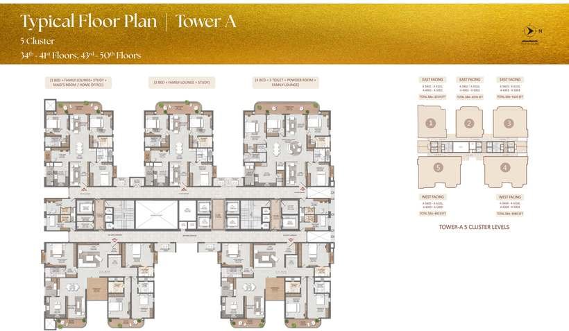 Typical floor plan for Tower A at Brigade Gateway Residences, 5 cluster levels, 34th to 50th floors, with unit positions 1 to 5 and their saleable areas