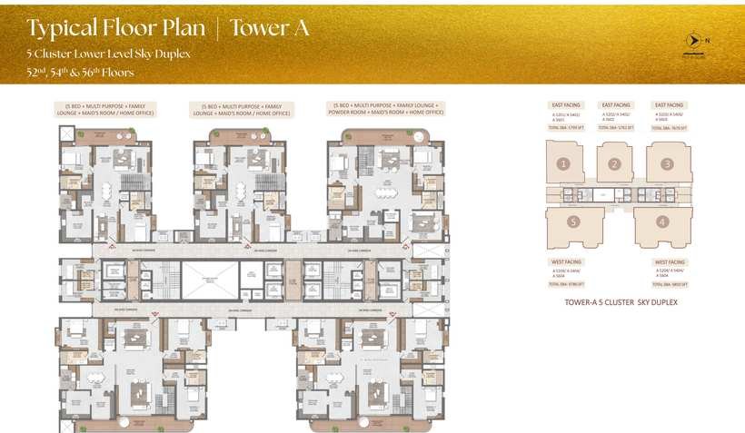 Sky duplex floor plan for Tower A at Brigade Gateway Residences, levels 52 to 57, with five duplex positions and their saleable areas