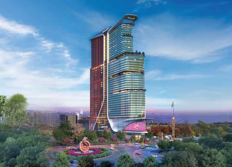 Brigade Gateway Residences towers seen from the landscaped grounds at Neopolis, Kokapet