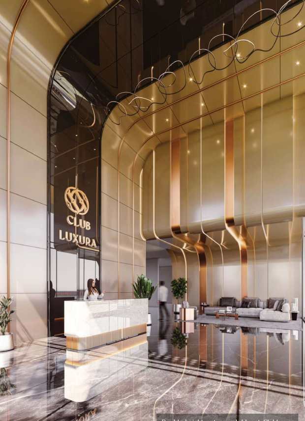 Double height clubhouse entrance lobby at Rajapushpa Casa Luxura, Neopolis, Kokapet