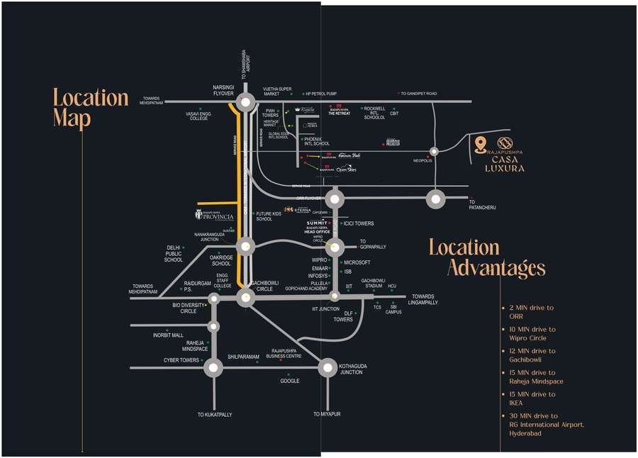 Location map showing Rajapushpa Casa Luxura east of Neopolis toward Gandipet Road, Hyderabad