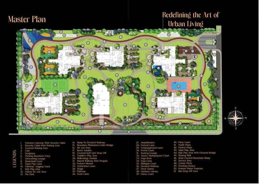 Master plan of Rajapushpa Casa Luxura showing five towers, courts, lawns and the clubhouse on 7.7 acres at Neopolis, Kokapet