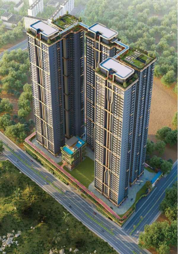 Rajapushpa Casa Luxura five towers and podium seen from above at Neopolis, Kokapet, Hyderabad