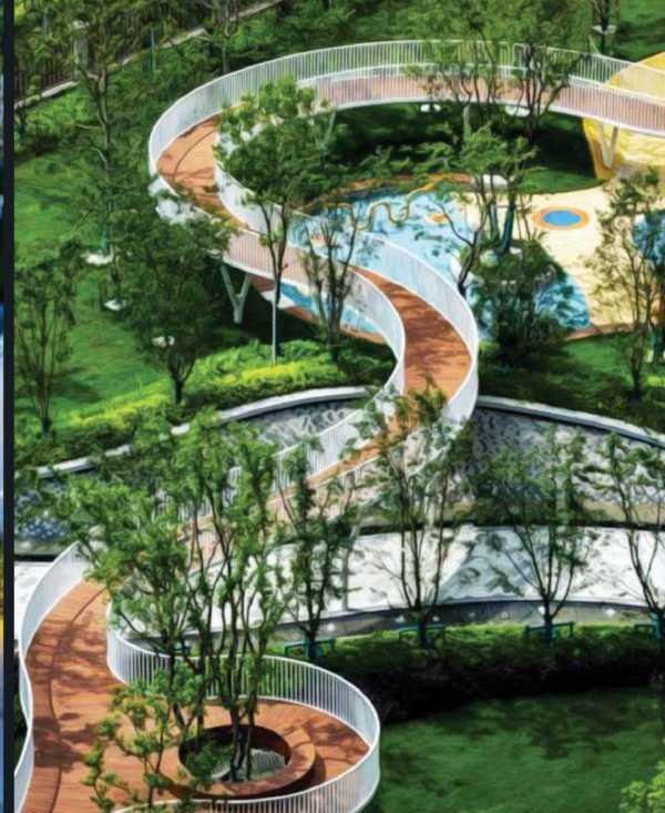 Elevated landscaped walkway and gardens at Rajapushpa Casa Luxura, Neopolis, Kokapet Kokapet