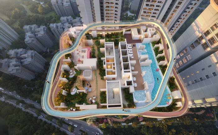 Aerial view of the Cinq by Raghava site with the amenity podium and pools