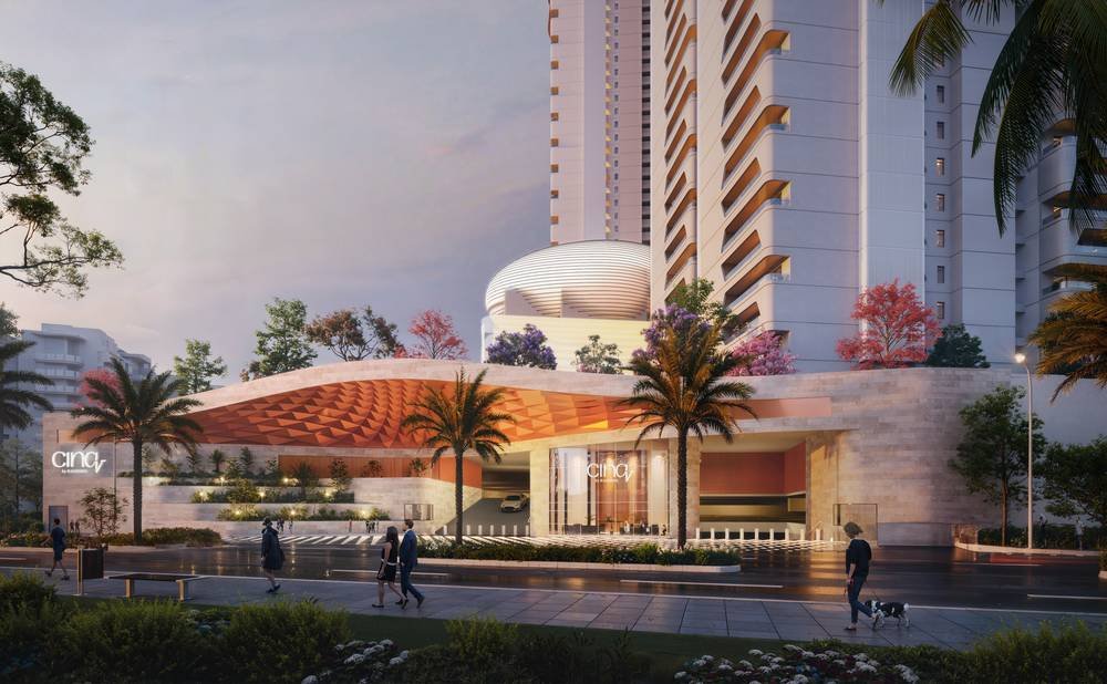 The arrival forecourt and entrance canopy at Cinq by Raghava, Financial District, Hyderabad