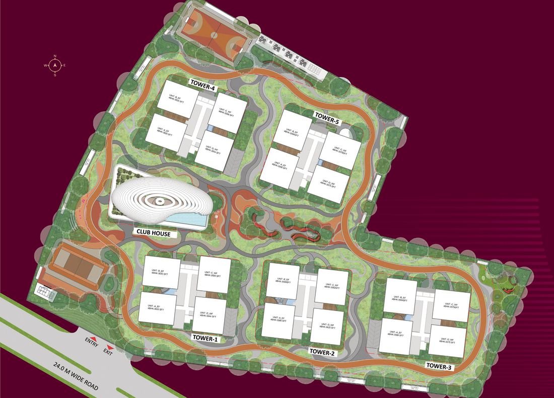 Master plan of Cinq by Raghava, Financial District, Hyderabad, showing five towers, the clubhouse and the site entry
