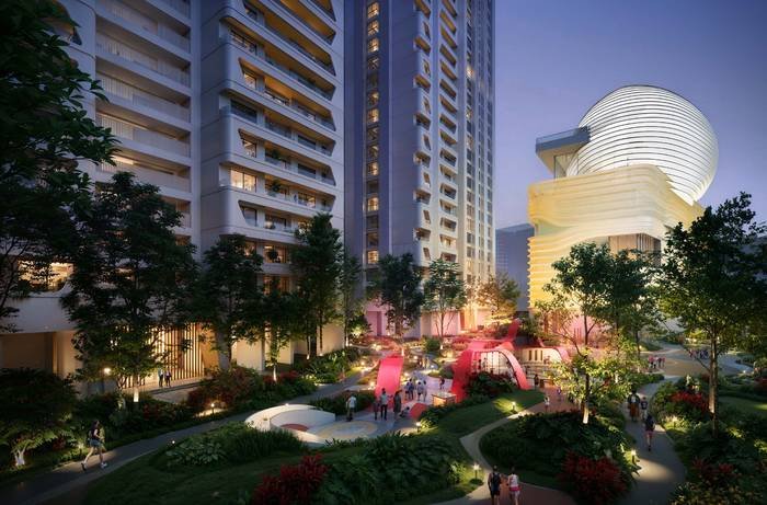 The car-free stilt level and landscaped podium at Cinq by Raghava