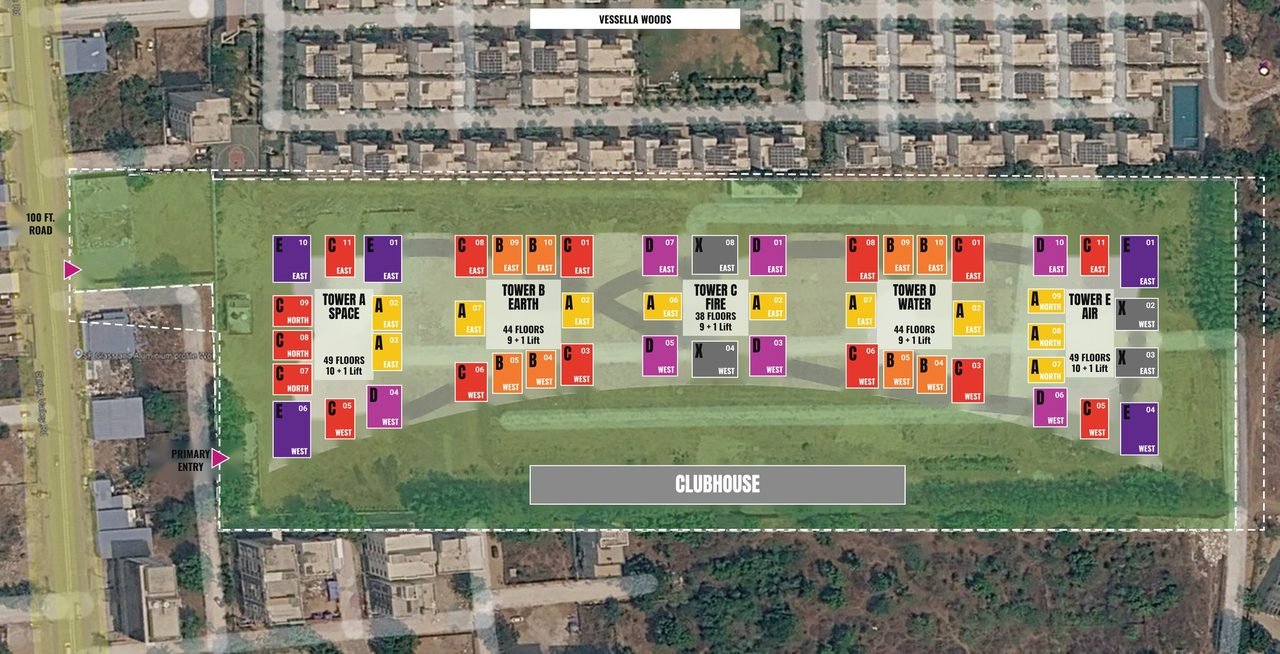 DSR Infinity, Kondapur: the developer's site plan of five towers — A Space, B Earth, C Fire, D Water and E Air — beside Vessella Woods, redrawn from the drawing set of July 2026