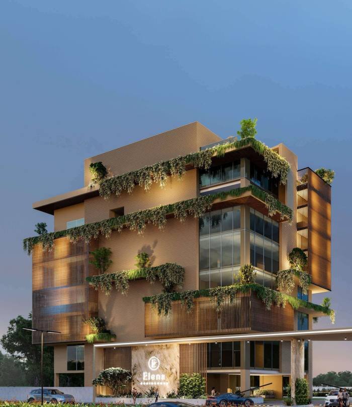 Dusk render of the standalone clubhouse at Lansum Elena Residences with planted terraces