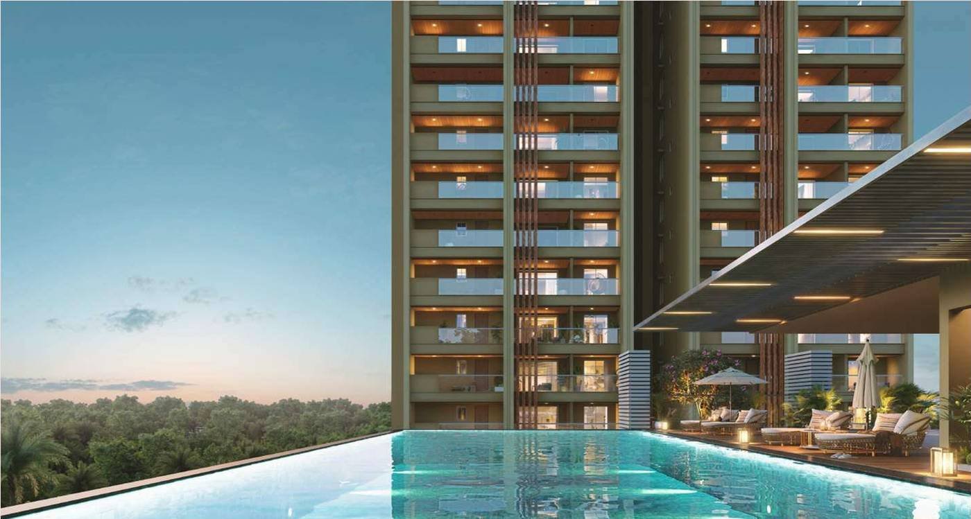 The temperature-controlled 7th floor pool below a tower at Lansum Elena Residences, Kokapet, Hyderabad