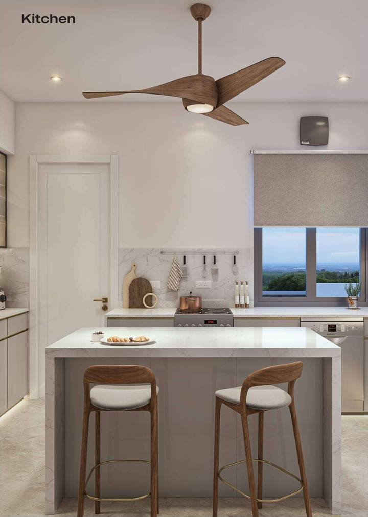 Kitchen render at Lansum Elena Residences shown with an island and appliances that are not part of the specification