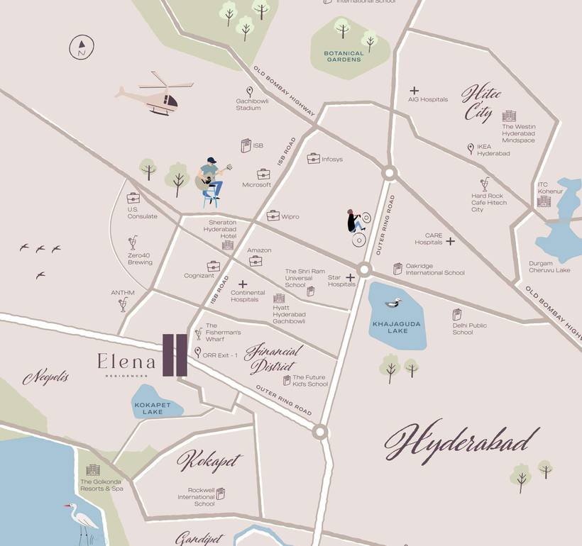 Location map from the Elena brochure showing the project west of ORR Exit 1 beside Kokapet Lake, with Neopolis, the financial district, Gachibowli and Hitec City marked