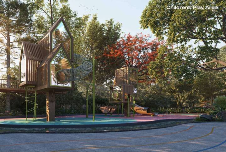Children's play area at Lansum Elena Residences with timber play towers and net tunnels