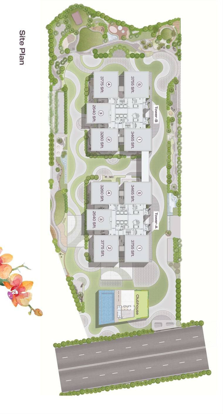 Site plan of Lansum Elena Residences, Kokapet, showing Tower A, Tower B, the clubhouse, pool and landscaped ground level with unit areas marked