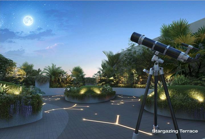 Stargazing Terrace at Lansum Elena Residences with a telescope and lit constellation paths