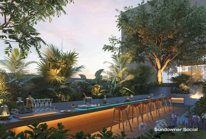 Sundowner Social rooftop bar and lounge at Lansum Elena Residences at sunset