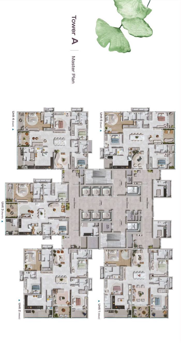 Tower A master plan at Lansum Elena Residences showing five apartments around the central lift core