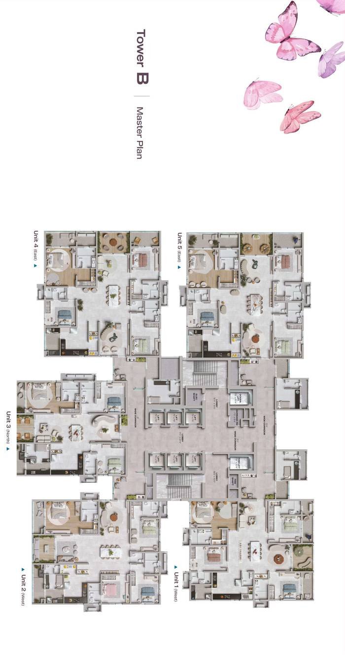 Tower B master plan at Lansum Elena Residences showing the mirrored arrangement of five apartments per floor