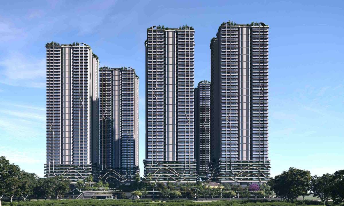 Elevation of the six towers at Fortune Suraj Bhan Grandé seen from the approach road at Kokapet