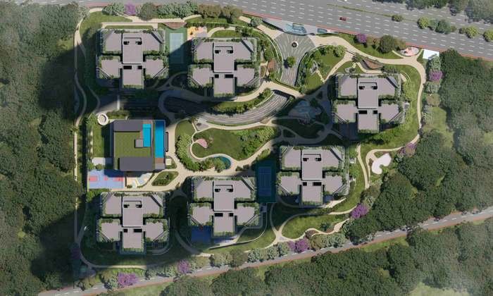 Top view of Fortune Suraj Bhan Grandé showing six towers, the clubhouse and the central landscape at Kokapet