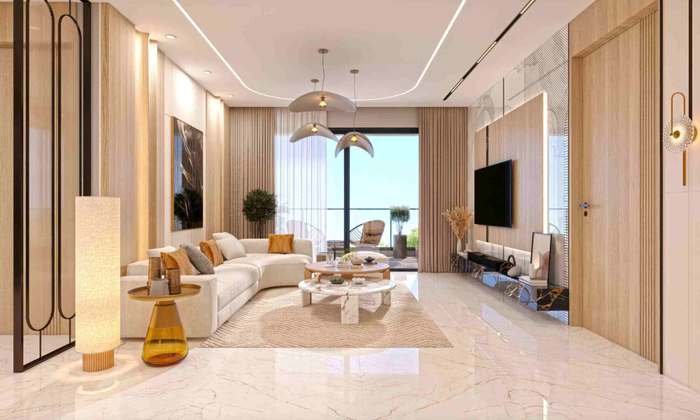 Living area interior of a 4 BHK apartment at Fortune Suraj Bhan Grandé with balcony access