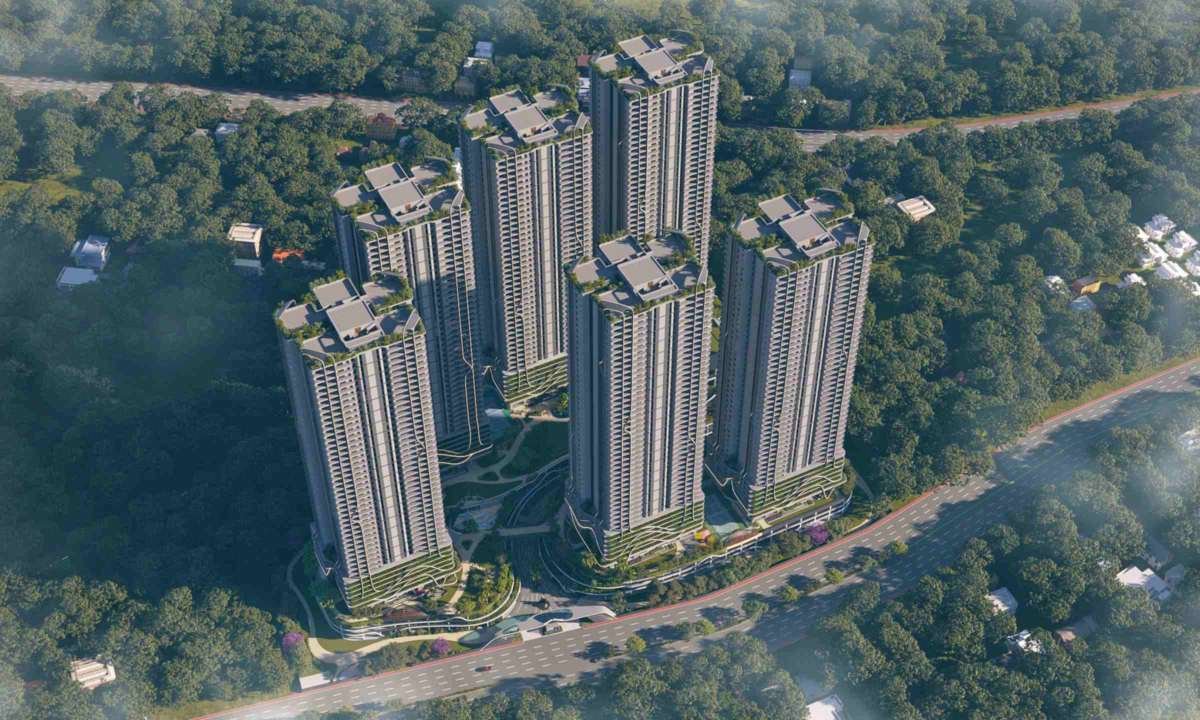 Aerial view of the six 46 floor towers at Fortune Suraj Bhan Grandé, Kokapet, Hyderabad