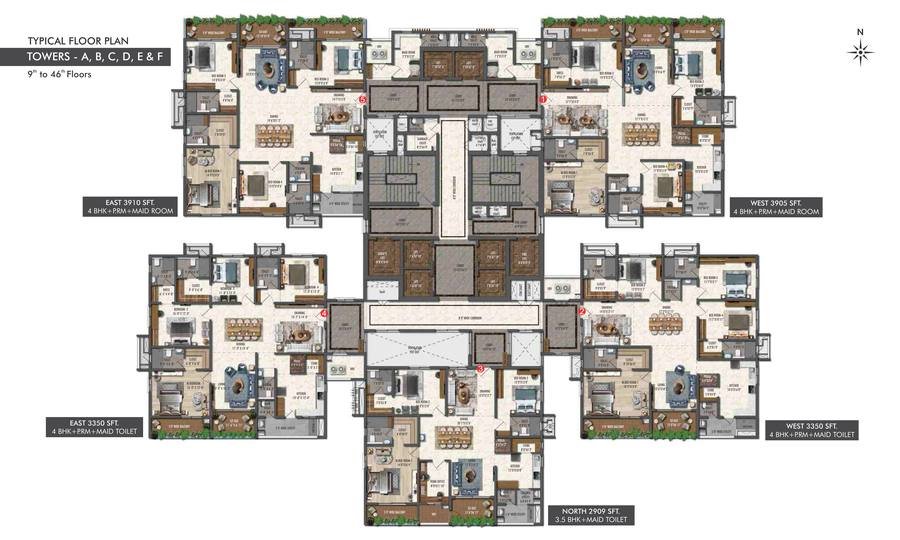 Typical floor plan for floors 9 to 46 at Fortune Suraj Bhan Grandé showing five apartments per floor around a central core