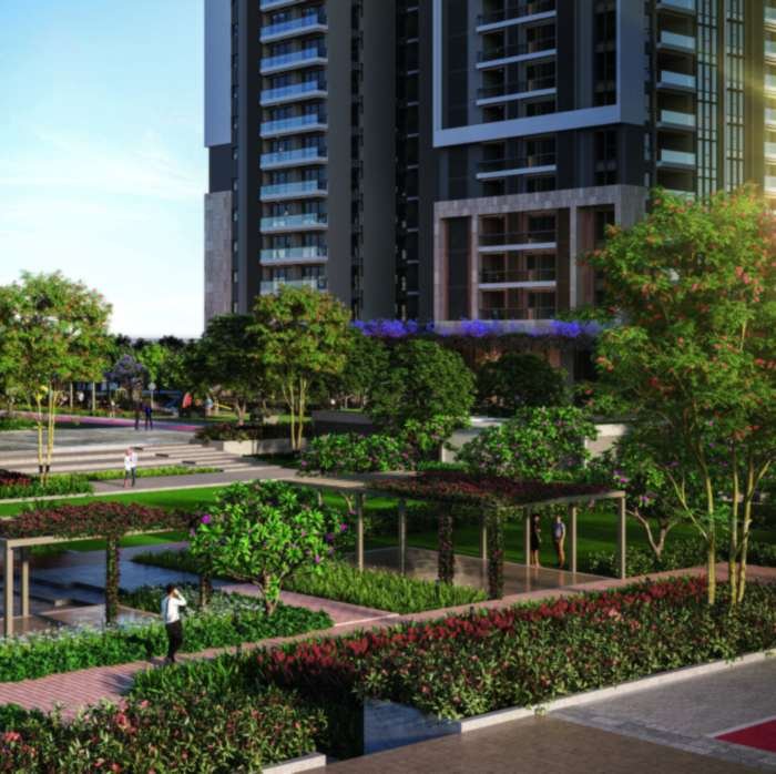 Central plaza water body and landscaped courtyards at My Home Nishada