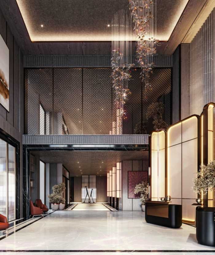 Double height clubhouse reception lobby at My Home Nishada, Kokapet