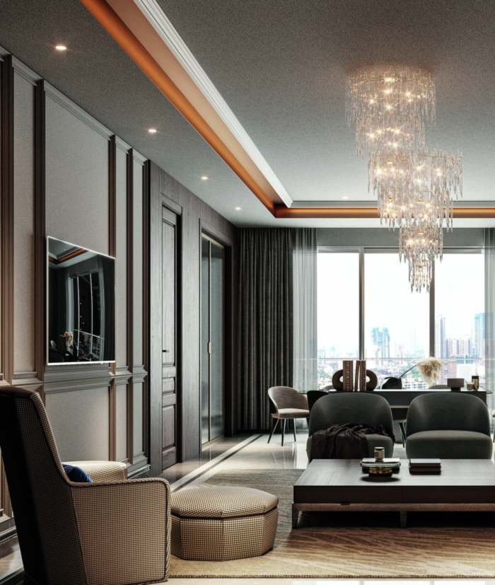 Living and dining interior render at My Home Nishada, Kokapet
