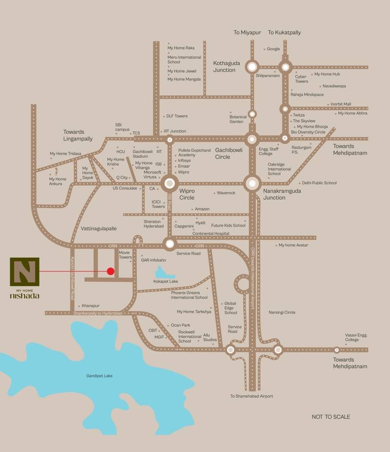 Location map from the My Home Nishada brochure showing the site at Kokapet relative to the Financial District, Gachibowli, Nanakramguda and Gandipet Lake