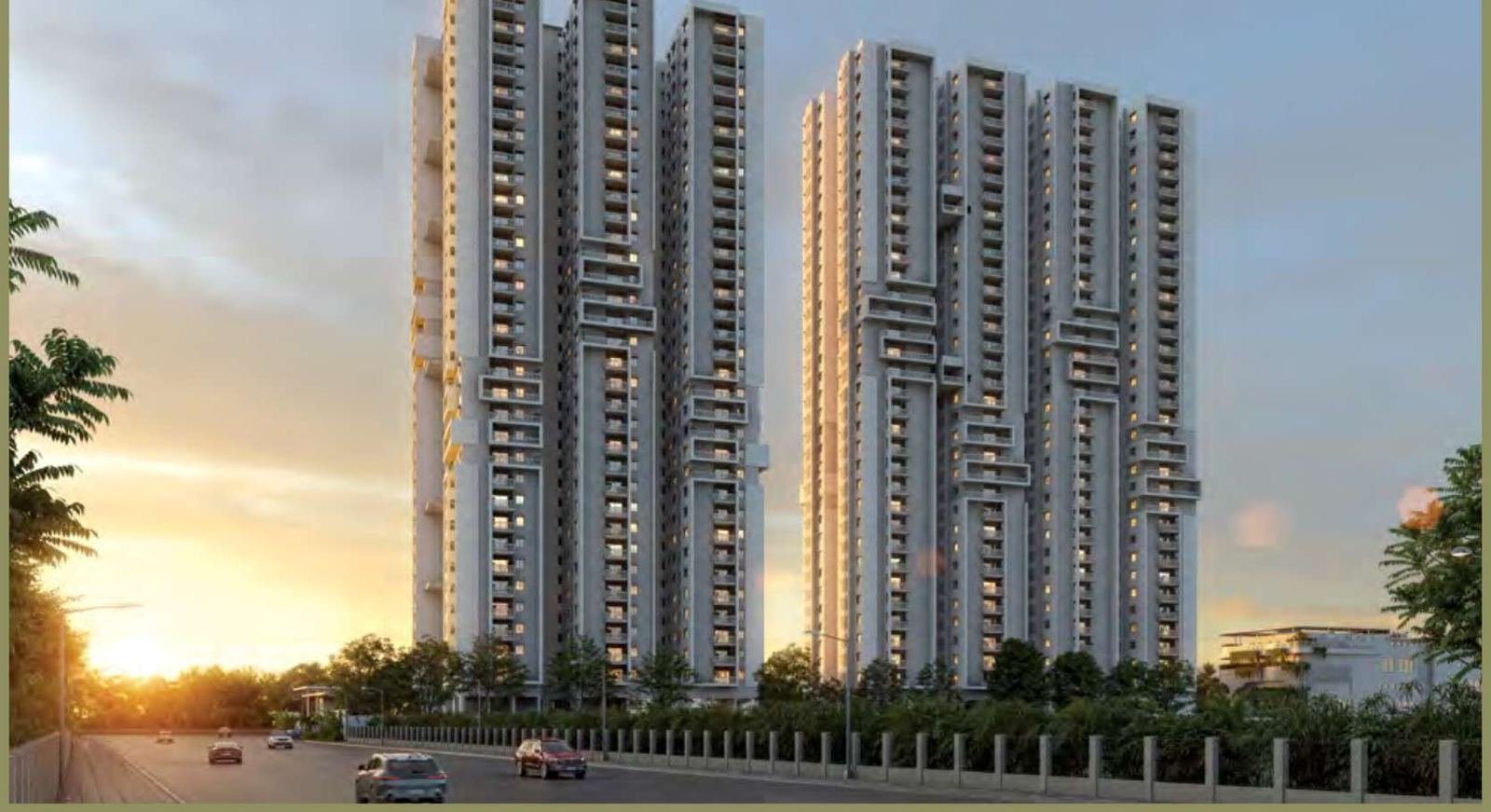 Myscape Palma, two 33-floor residential towers at Puppalaguda beside the Financial District in Hyderabad, photographed at sunset from the approach road