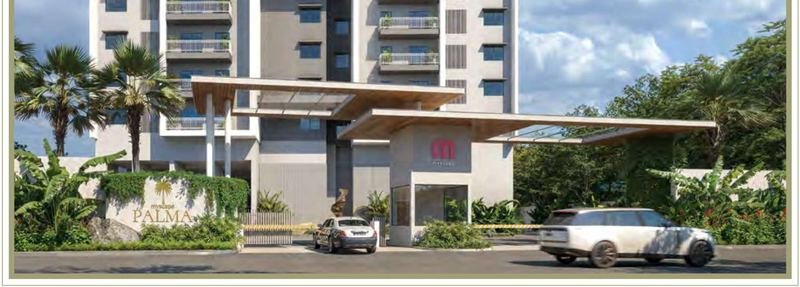 The cantilevered entrance canopy at Myscape Palma with wood soffits, white columns and vertical gardens