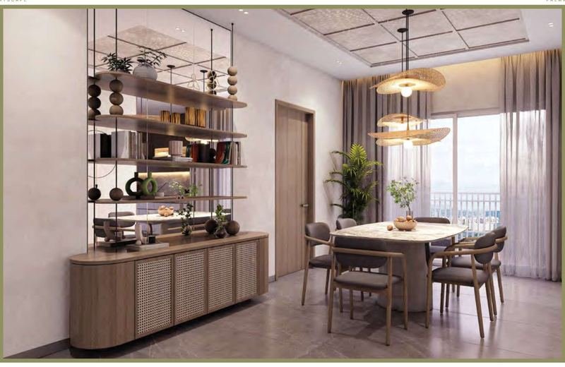 A show-unit dining room at Myscape Palma with rattan pendant lights, an open shelving unit and a balcony beyond